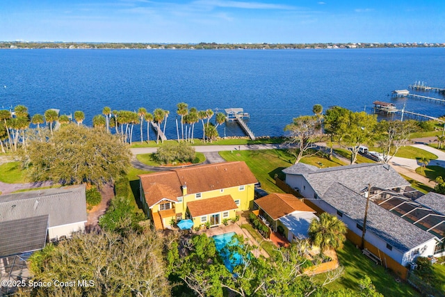 drone / aerial view featuring a water view