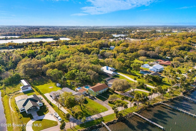 bird's eye view with a water view and a view of trees