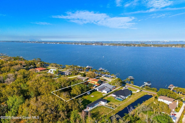 drone / aerial view with a water view