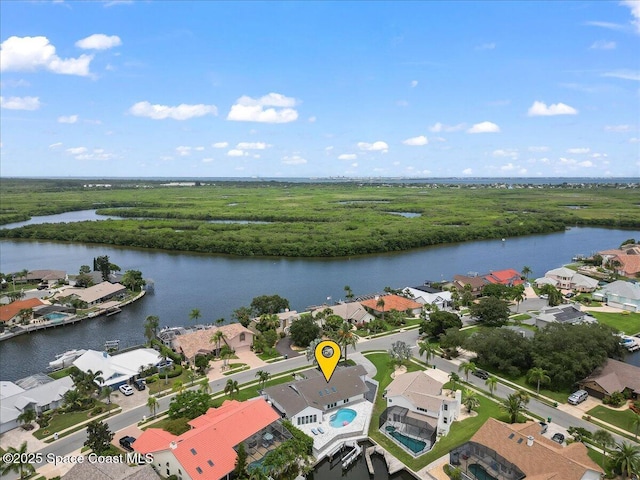 drone / aerial view featuring a water view