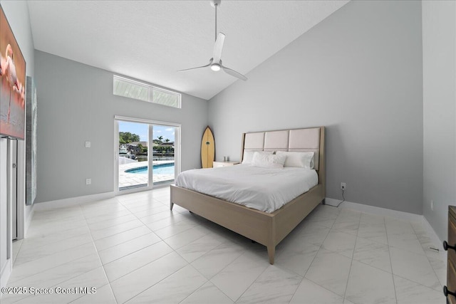 bedroom with ceiling fan, access to outside, and high vaulted ceiling