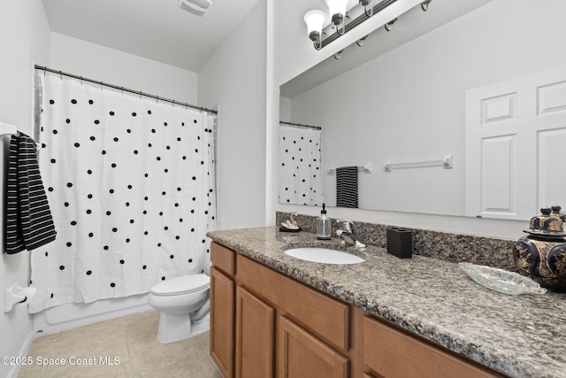 full bathroom featuring toilet, tile patterned floors, shower / tub combo with curtain, and vanity