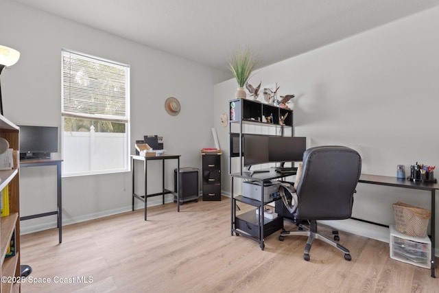 home office with plenty of natural light and light hardwood / wood-style flooring