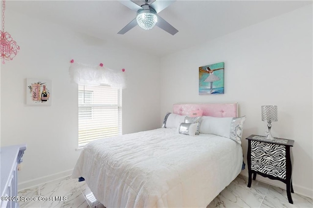 bedroom with baseboards, marble finish floor, and a ceiling fan