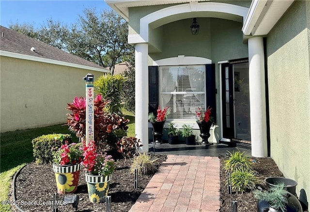 doorway to property featuring stucco siding