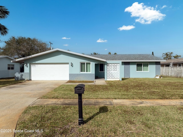 ranch-style house featuring a garage and a front lawn