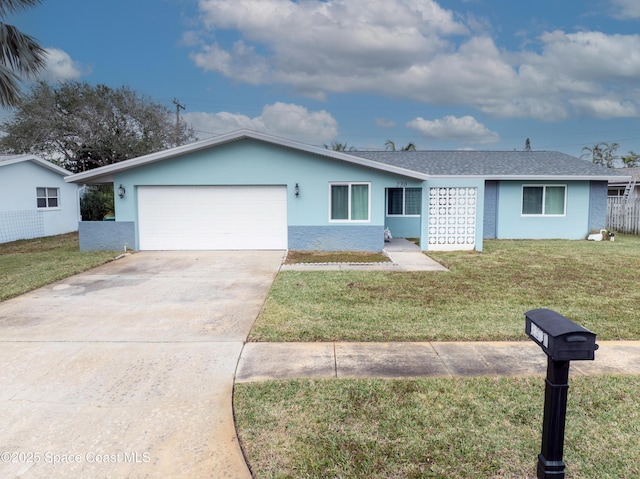 single story home with a garage and a front lawn