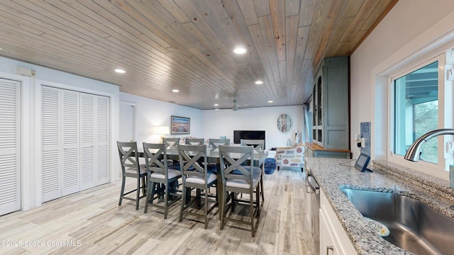 dining space with wooden ceiling, sink, ceiling fan, and light hardwood / wood-style floors