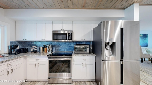 kitchen featuring wooden ceiling, white cabinets, and appliances with stainless steel finishes