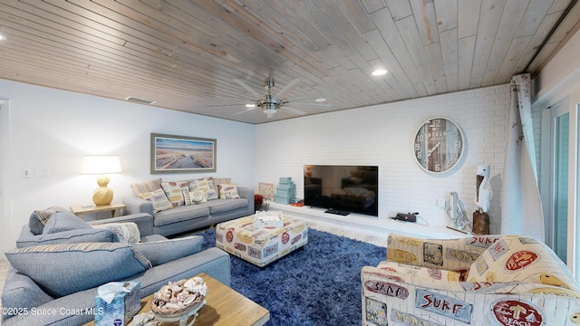 living room featuring wooden ceiling