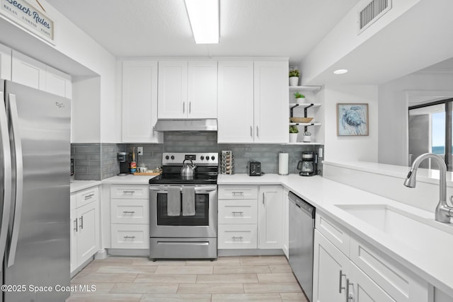 kitchen featuring stainless steel appliances, white cabinets, sink, and backsplash