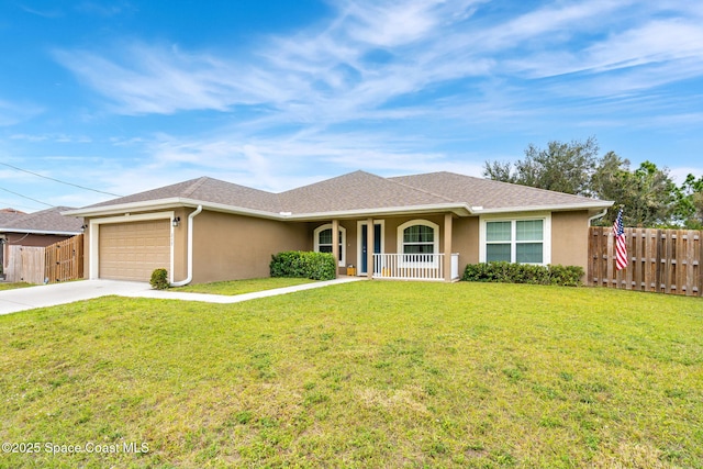 single story home featuring a garage, a porch, and a front lawn