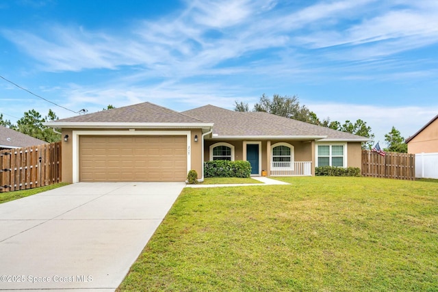 ranch-style house with a front yard and a garage