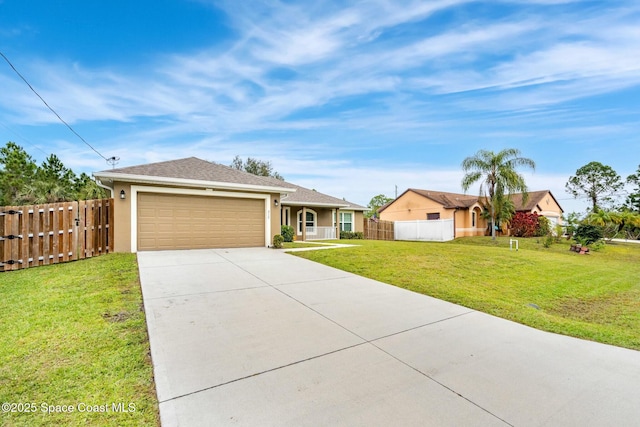 single story home featuring a front lawn and a garage