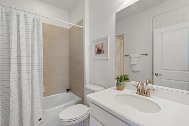 full bathroom featuring toilet, vanity, and shower / bathtub combination with curtain