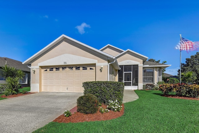 ranch-style home featuring a front yard and a garage