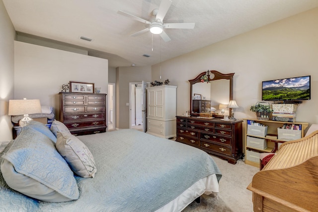 carpeted bedroom featuring ceiling fan