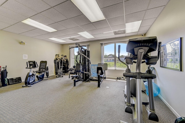 gym with a paneled ceiling and carpet floors