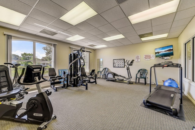 gym with carpet flooring and a paneled ceiling