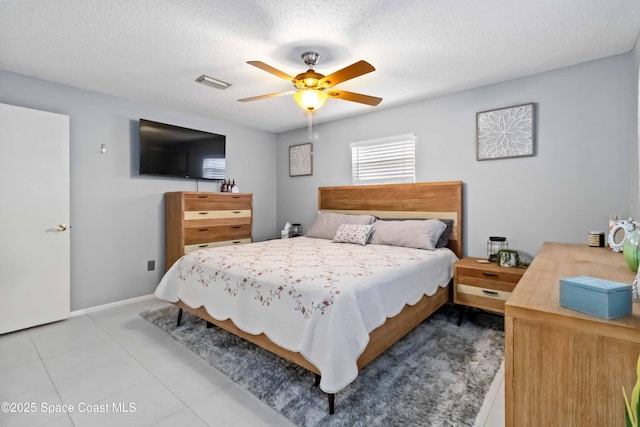 bedroom with a textured ceiling and ceiling fan