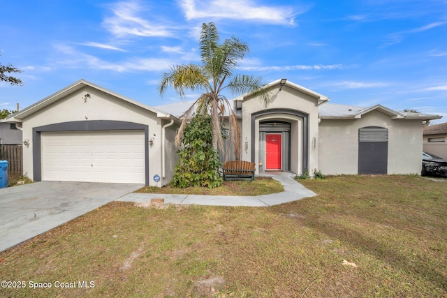 ranch-style home with a front yard and a garage