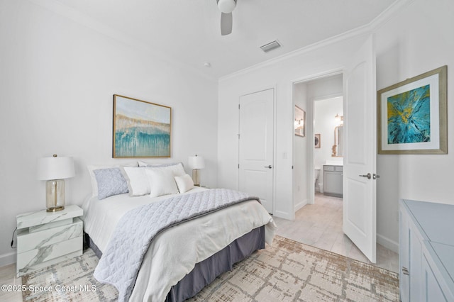 bedroom with ensuite bath, ceiling fan, and crown molding