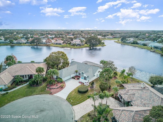 drone / aerial view featuring a water view