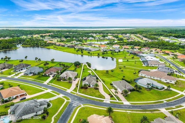 aerial view featuring a water view