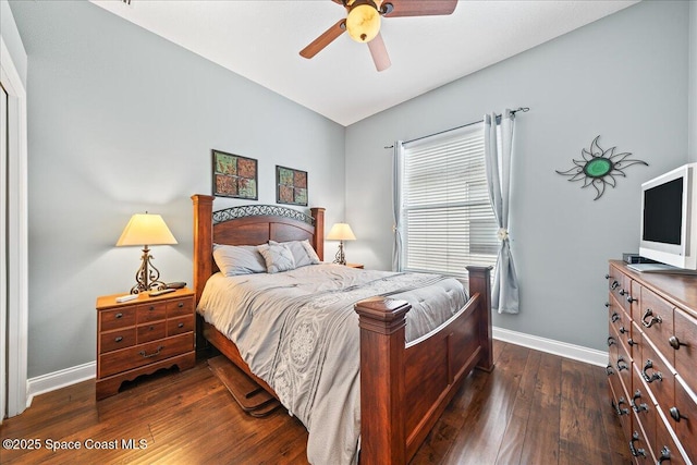 bedroom featuring ceiling fan and dark wood-type flooring