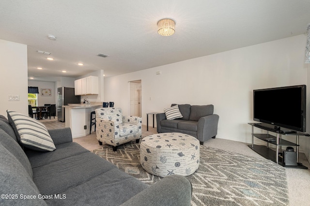 carpeted living room with a textured ceiling