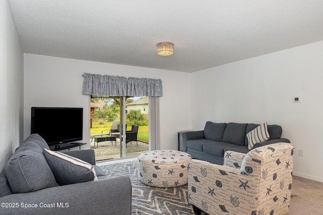 carpeted living room with a textured ceiling