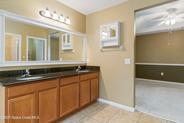 bathroom with ceiling fan, tile patterned floors, and vanity