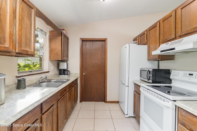 kitchen featuring light tile patterned floors, sink, vaulted ceiling, and white range with electric cooktop