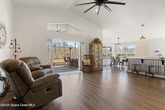 living room featuring dark wood-type flooring, high vaulted ceiling, and ceiling fan