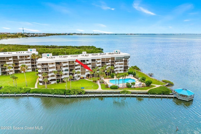 aerial view featuring a water view