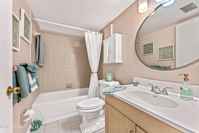 full bath with visible vents, toilet, shower / bath combo with shower curtain, vanity, and tile patterned flooring