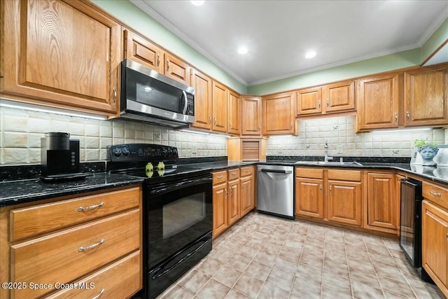 kitchen featuring stainless steel appliances, backsplash, dark stone countertops, beverage cooler, and sink