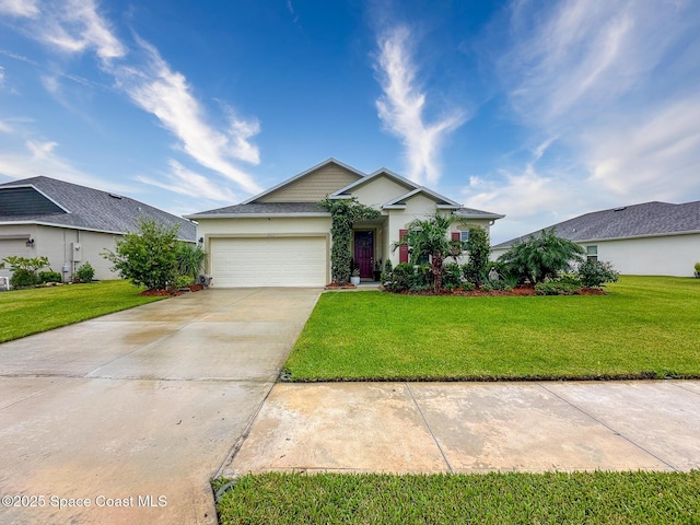 ranch-style house with a front yard and a garage