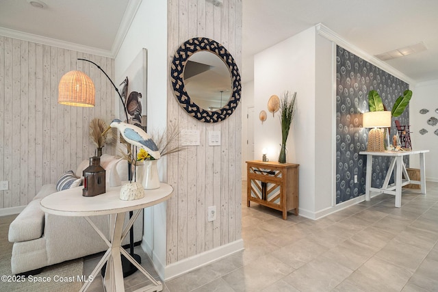 interior space featuring ornamental molding and wood walls