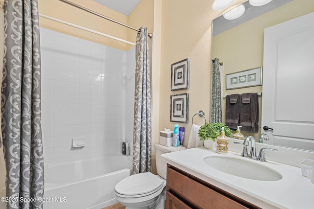 full bathroom with toilet, vanity, and shower / bath combination with curtain