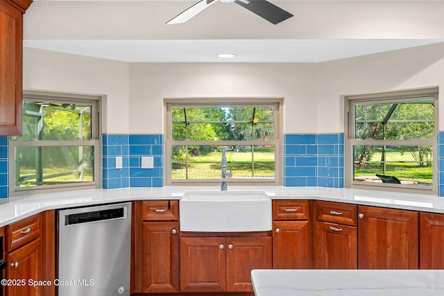 kitchen with ceiling fan, dishwasher, sink, and decorative backsplash