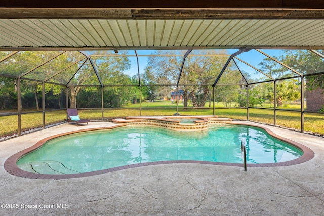 view of swimming pool with an in ground hot tub, glass enclosure, and a patio