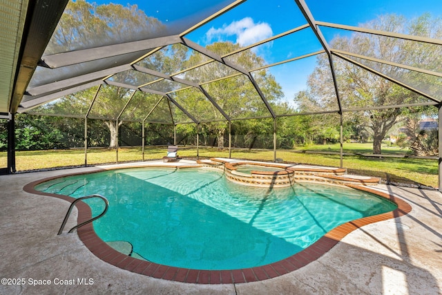 view of pool featuring a lawn, a patio, glass enclosure, and an in ground hot tub