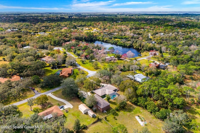 drone / aerial view with a water view