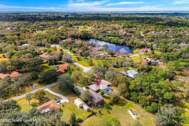 drone / aerial view featuring a water view