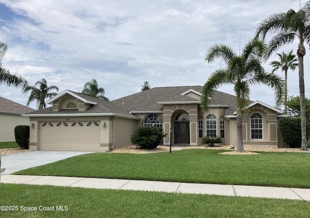 single story home with a front yard and a garage