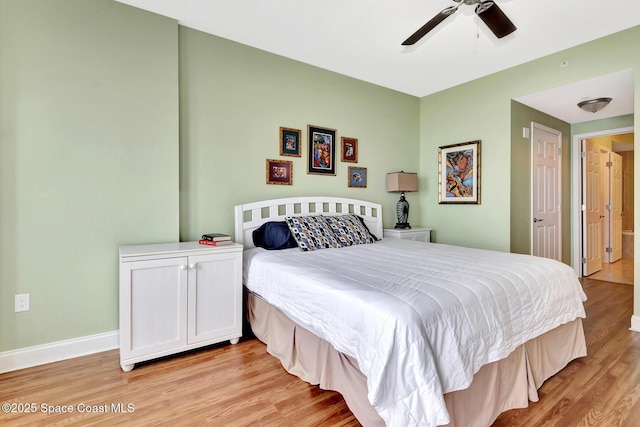 bedroom featuring ceiling fan and light hardwood / wood-style flooring