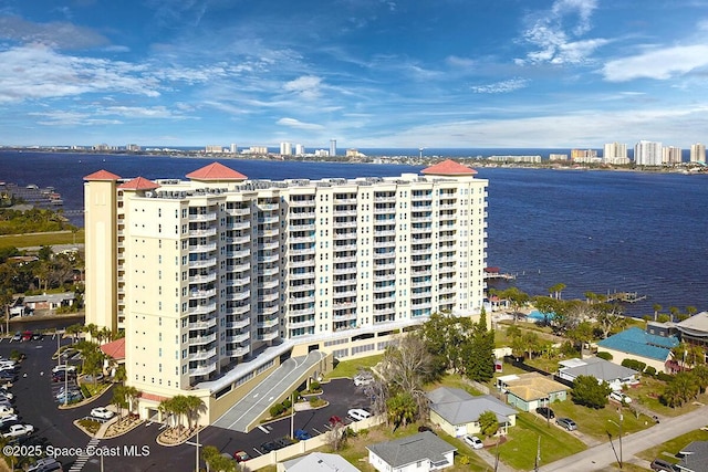 drone / aerial view featuring a water view