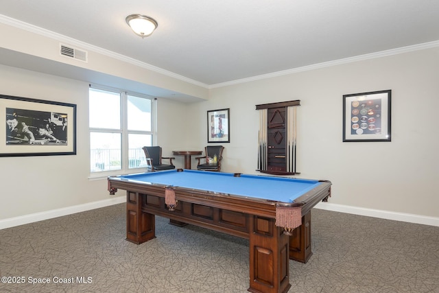 recreation room featuring dark carpet, crown molding, and billiards