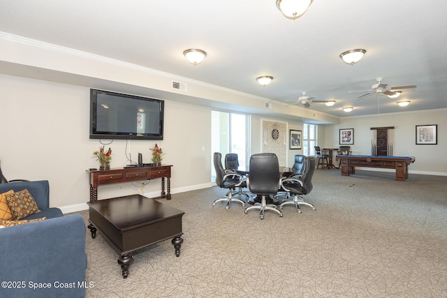 interior space featuring crown molding, carpet, ceiling fan, and billiards